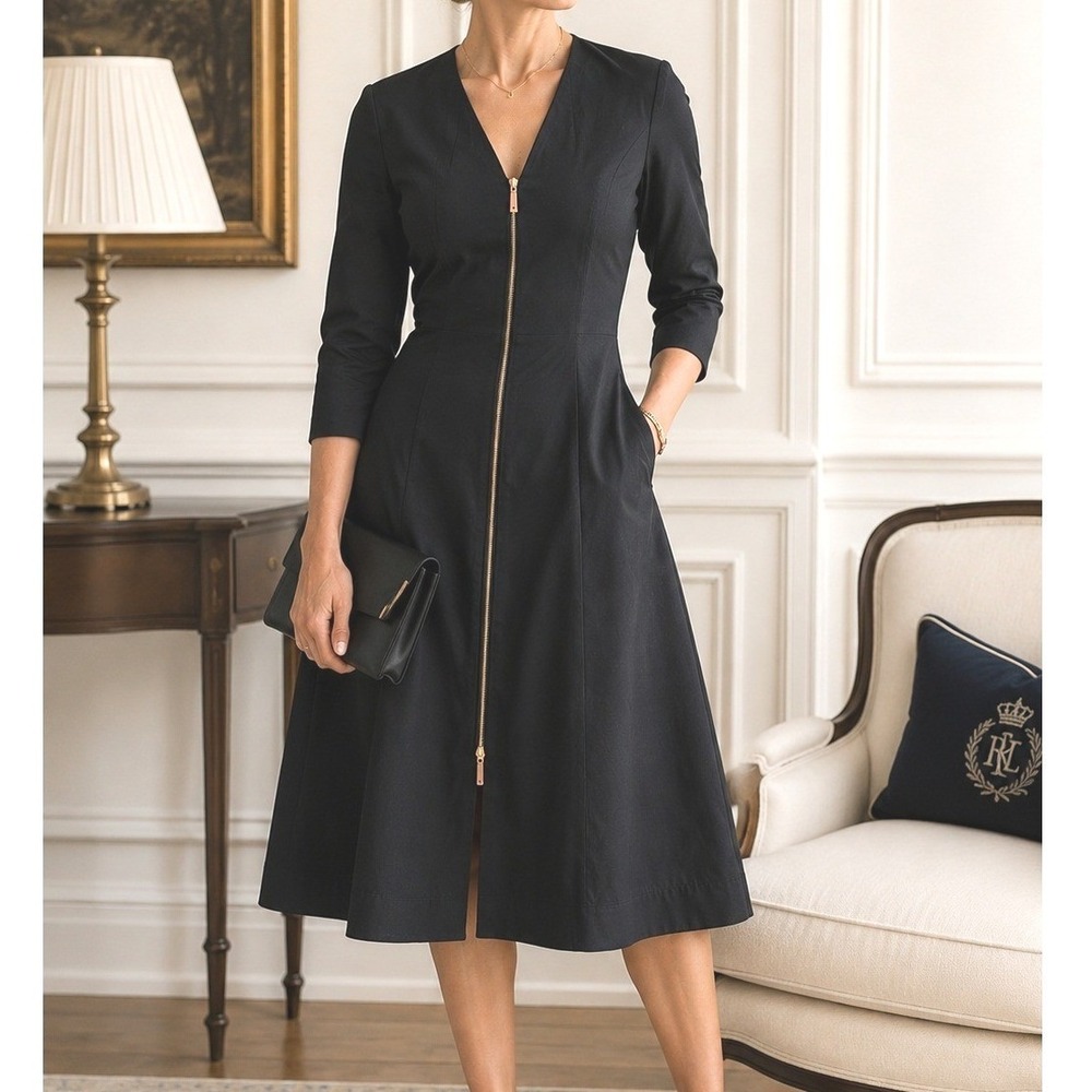 Lafayette‎ 148 New York Black Zip Front A-Line Dress Old Money Designer Midi
